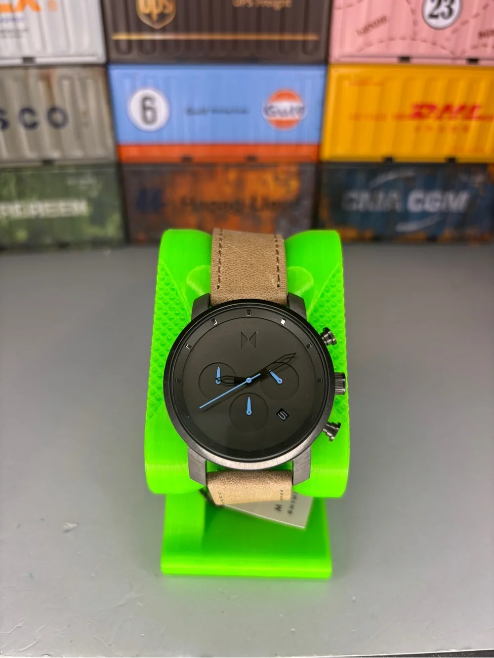 MVMT Black Dial Chronograph with Tan Leather Strap and Blue Hands